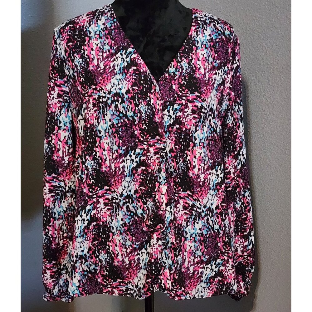 Attention Womens Blouse XL‎ Multicolor Abstract Print Long Sleeve Top indie Y2K